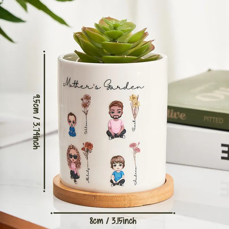 Handmade Cartoon Planter with Birth Flower – Unique Gift for Mom or Grandma