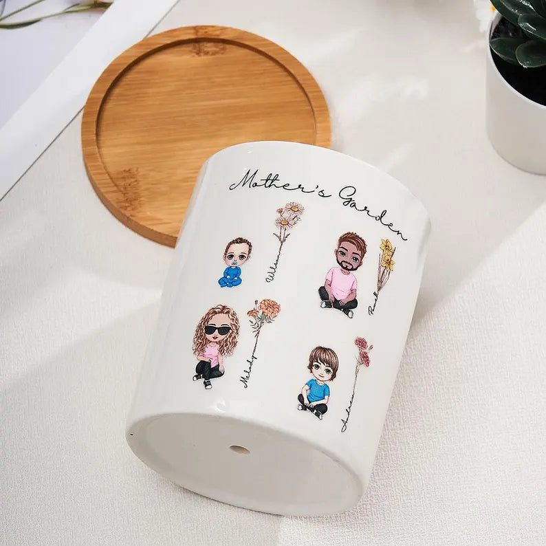 Handmade Cartoon Planter with Birth Flower – Unique Gift for Mom or Grandma