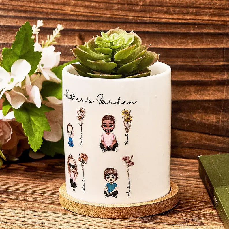 Handmade Cartoon Planter with Birth Flower – Unique Gift for Mom or Grandma
